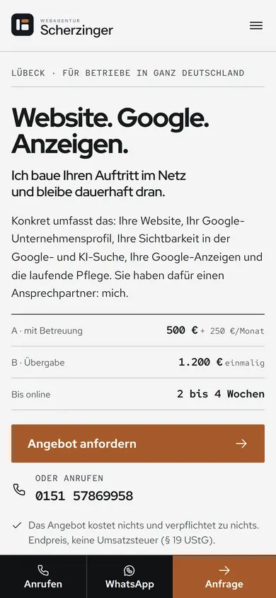 Webagentur Scherzinger, Startseite nachher auf dem Handy
