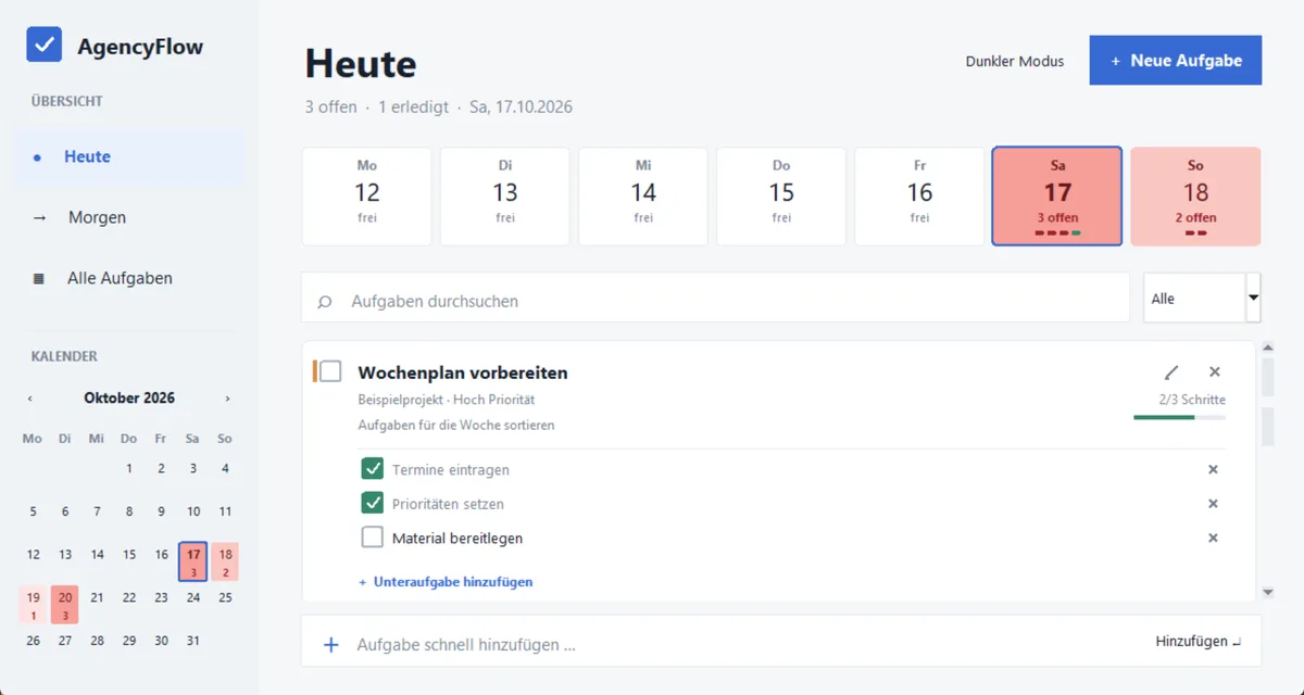 Die Tagesansicht von AgencyFlow mit Wochenleiste, Monatskalender und einer Aufgabe mit drei Unteraufgaben, zwei davon abgehakt