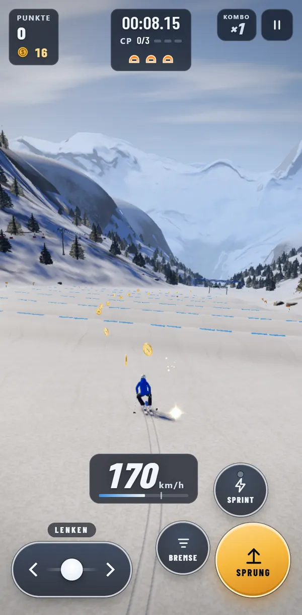 Alpine Rush am Handy im Hochformat: Skifahrer auf der Abfahrt mit Touch-Knöpfen am unteren Rand
