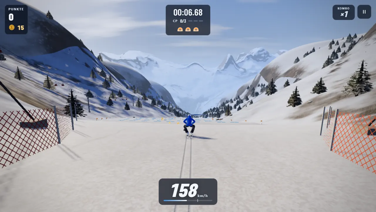 Skifahrer auf dem Weg talwärts in Alpine Rush, links Seilbahn und Fangzaun, im Hintergrund die Alpen