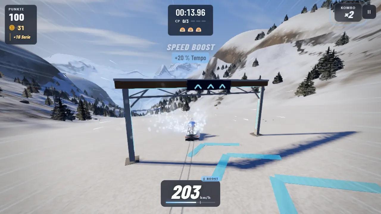 Schnee-Jetski im Spiel Alpine Rush gleitet mit Schneegischt unter einem Speed-Boost-Tor über die Abfahrt