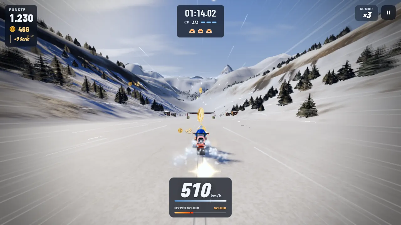 Schneemobil im Spiel Alpine Rush mit gezündeter Düse und 510 km/h auf dem Tacho, vor einem Alpental