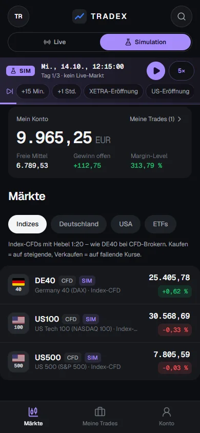 TRADEX auf dem Handy: Kontostand und Marktliste mit DE40, US100 und US500
