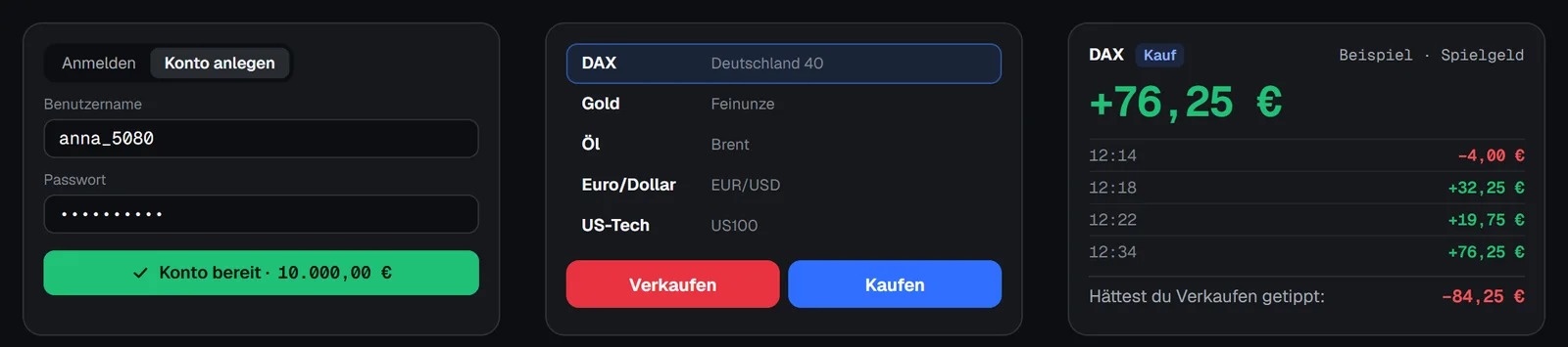 Die drei Schritte von der TRADEX-Website als Grafik: Konto anlegen, Markt wählen, Ergebnis der Position im Plus