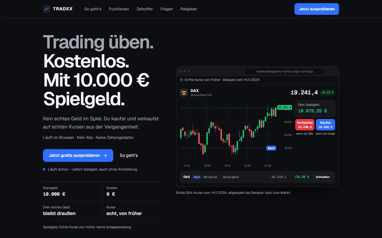 Startseite der TRADEX-Website: Überschrift „Trading üben. Kostenlos.“ und ein DAX-Kerzenchart mit Knöpfen Verkaufen und Kaufen