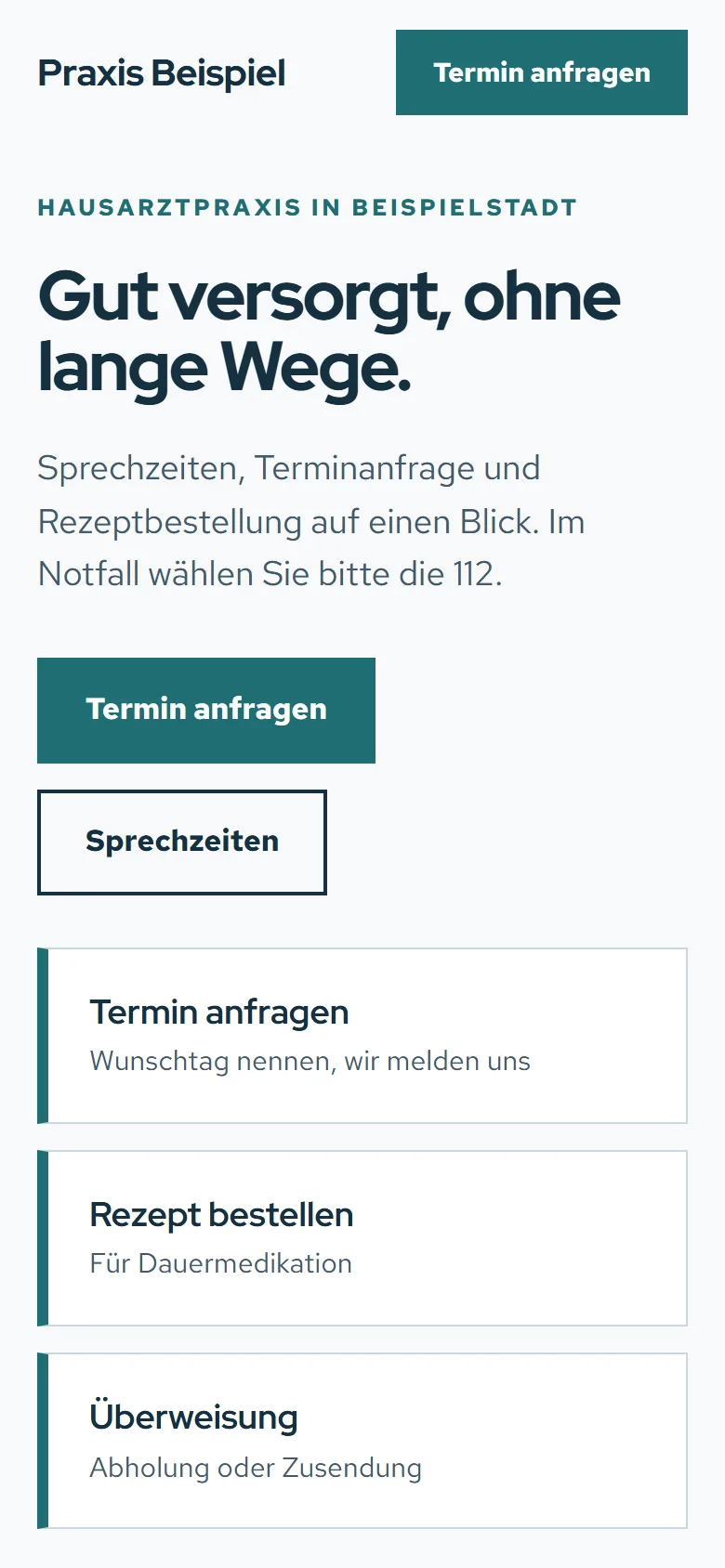 Derselbe Entwurf auf dem Handy: Überschrift, Terminknopf und die drei Schnellzugriffe untereinander.