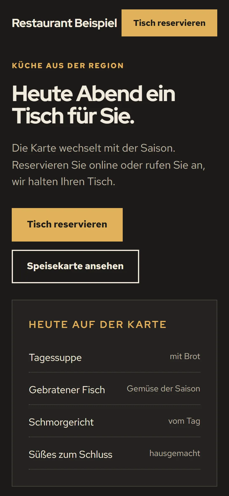 Derselbe Entwurf auf dem Handy: Überschrift, Reservierungsknopf und Tageskarte untereinander.