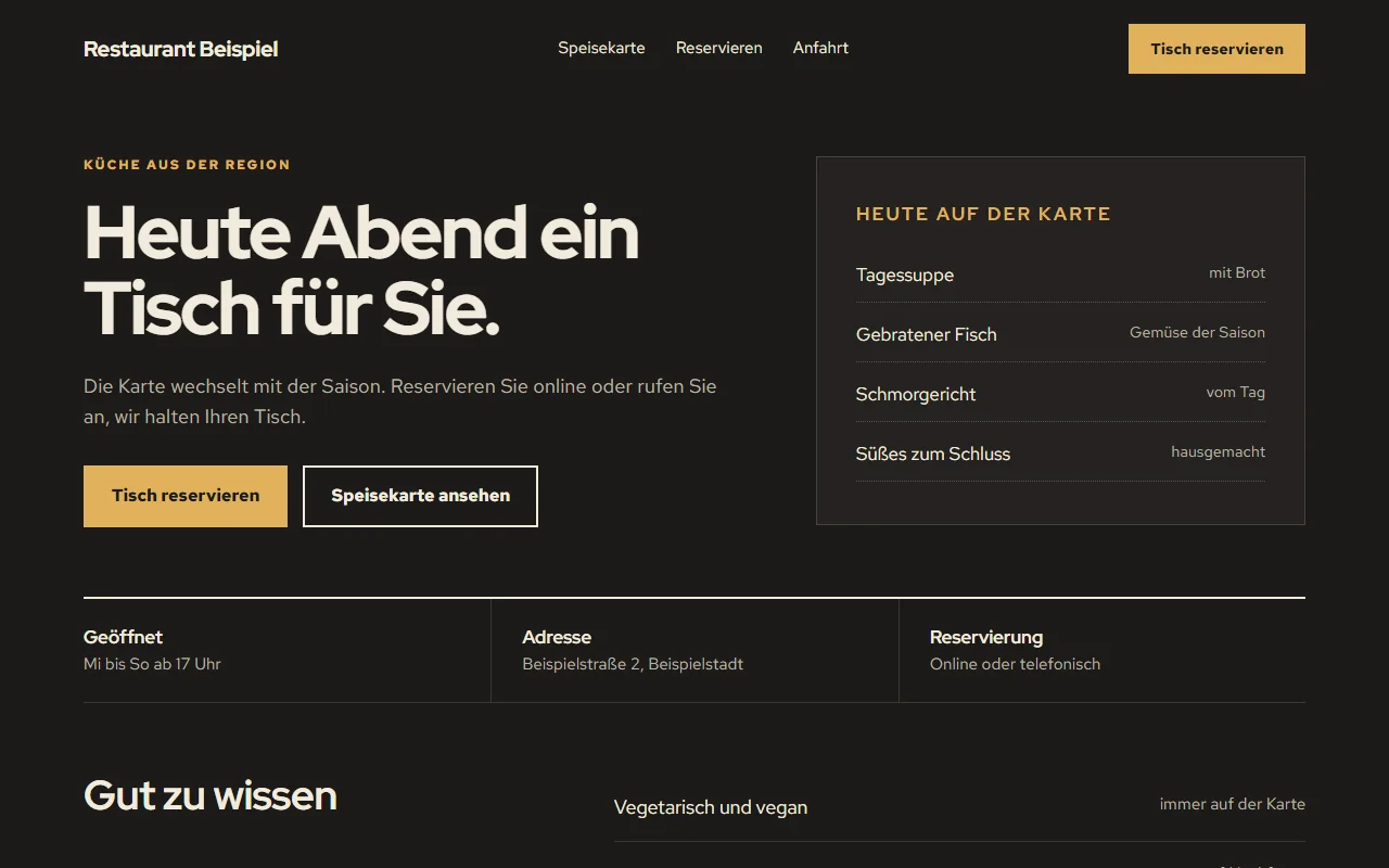 Entwurf einer Startseite für ein Restaurant auf dunklem Grund: Überschrift, Knopf „Tisch reservieren“, daneben eine Karte „Heute auf der Karte“. Fiktiver Name „Restaurant Beispiel“.